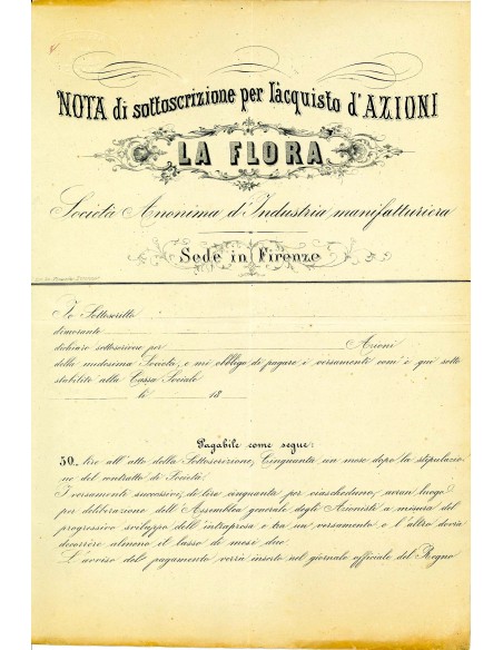 1865 - LA FLORA SOC. AN. D'INDUSTRIA MANIFATTURIERA SOTT. AZIONI - FIRENZE