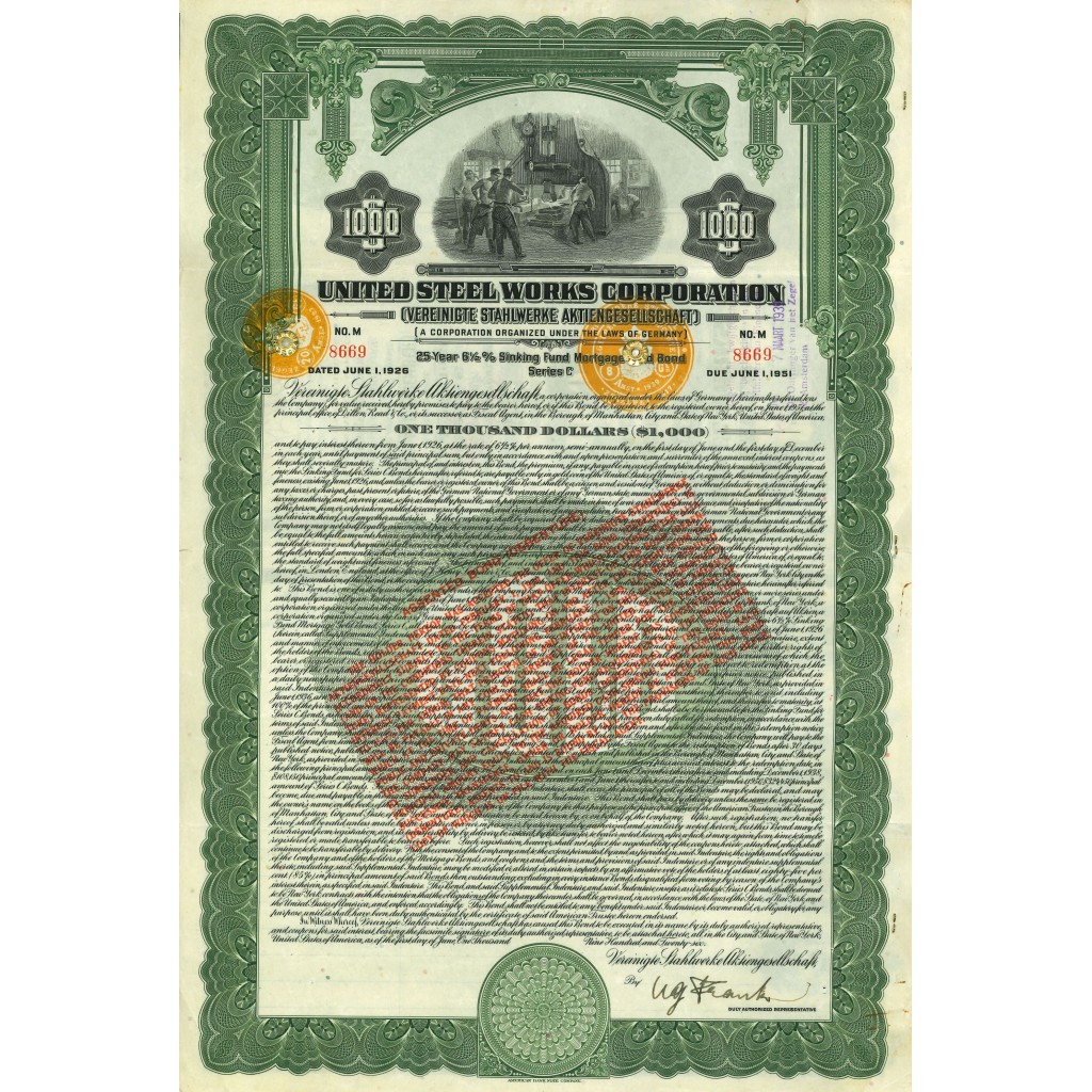 1926 - UNITED STEEL WORKS CORPORATION 6 1/2%...