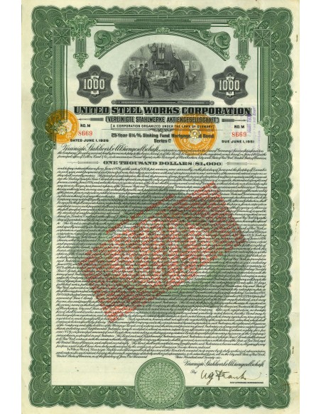 1926 - UNITED STEEL WORKS CORPORATION 6 1/2%  BOND $1.000 Serie C