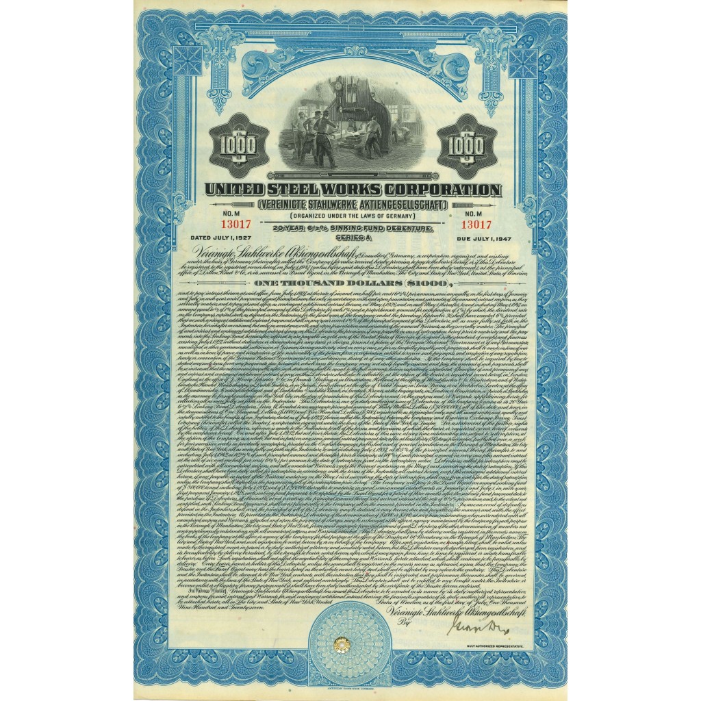 1927 - UNITED STEEL WORKS CORPORATION BOND...