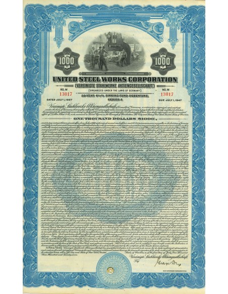 1927 - UNITED STEEL WORKS CORPORATION BOND $1.000 Serie A