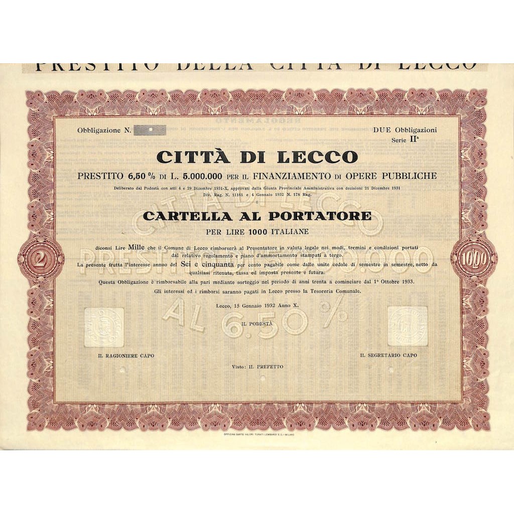 CITTA' DI LECCO - CARTELLA AL PORTATORE 1932