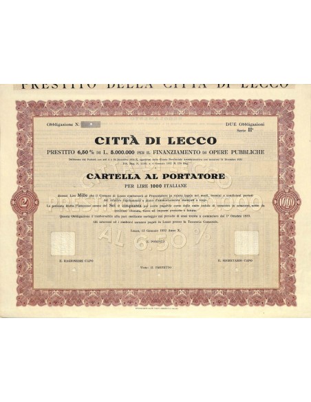 CITTA' DI LECCO - CARTELLA AL PORTATORE 1932