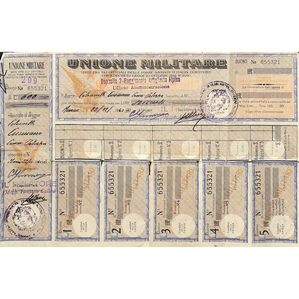 UNIONE MILITARE - BUONO NOMINATIVO LIRE 600 - 1942