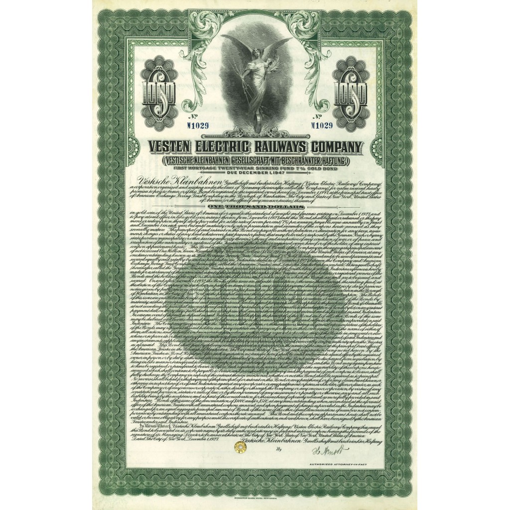 1947 - VESTEN ELECTRIC RAILWAYS COMPANY 1.000 $