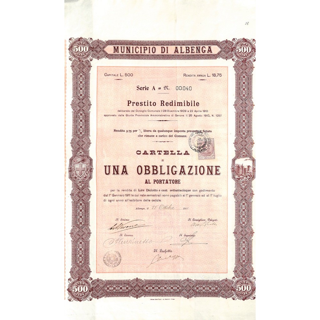 PRESTITO REDIMIBILE - MUNICIPIO DI ALBENGA 1 OBBLIG. 1911