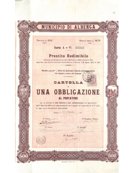 PRESTITO REDIMIBILE - MUNICIPIO DI ALBENGA 1 OBBLIG. 1911