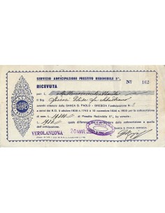 PRESTITO REDIMIBILE 5% - BANCA S. PAOLO - RICEVUTA VEROLANUOVA 1937