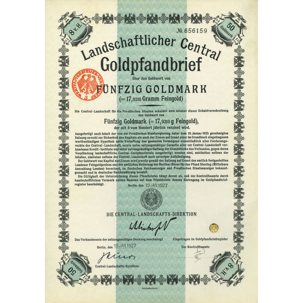 1926 - GERMAN GOLD BOND 50 GOLDMARK (17,9210...