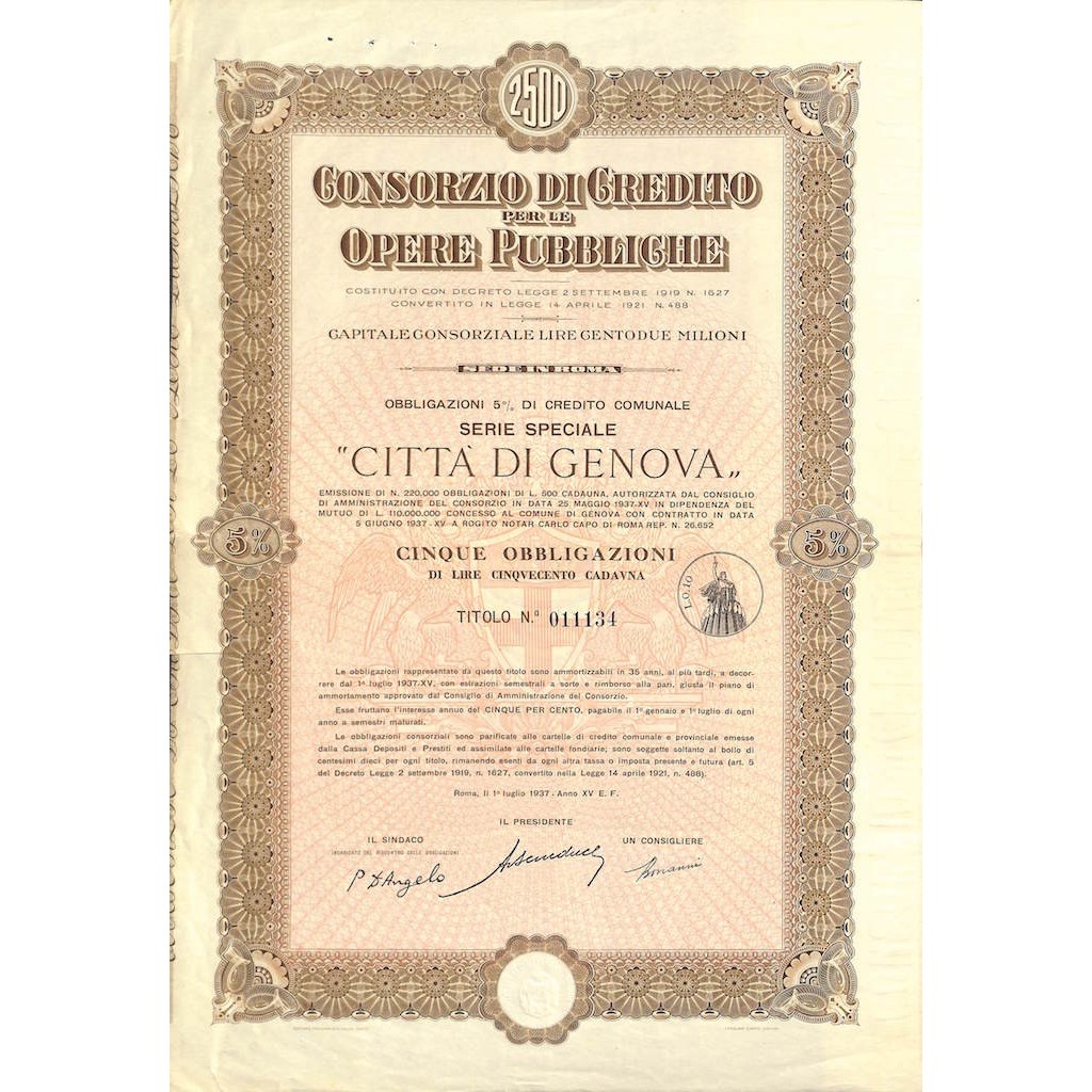 CONS. DI CREDITO PER LE OPERE PUBBLICHE DI GENOVA - 5 OBB. ROMA 1937