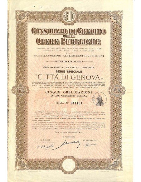 CONS. DI CREDITO PER LE OPERE PUBBLICHE DI GENOVA - 5 OBB. ROMA 1937