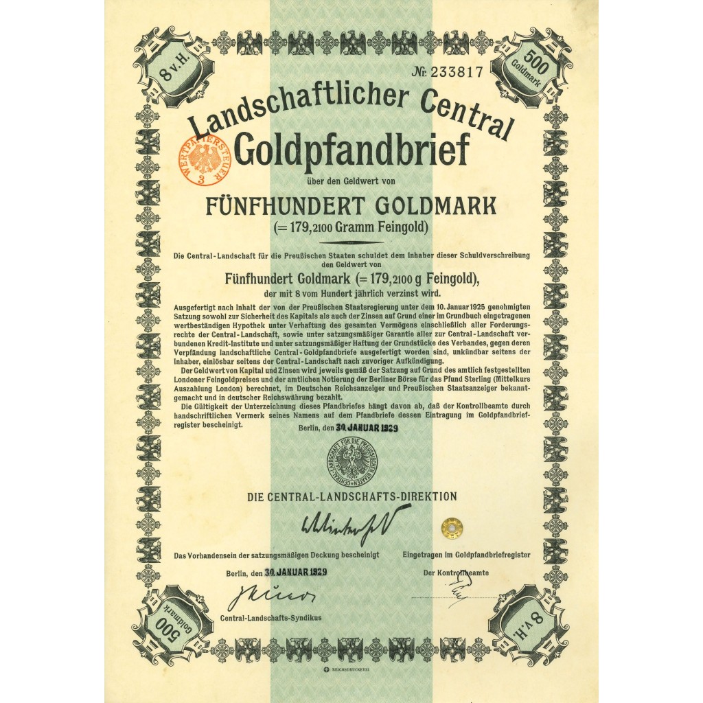 1929 - GERMAN GOLD BOND 500 GOLDMARK (179,2100...