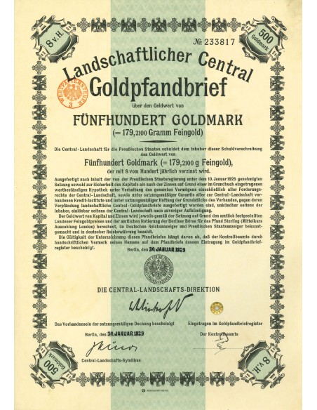 1929 - GERMAN GOLD BOND 500 GOLDMARK (179,2100 Gramm Feingold)