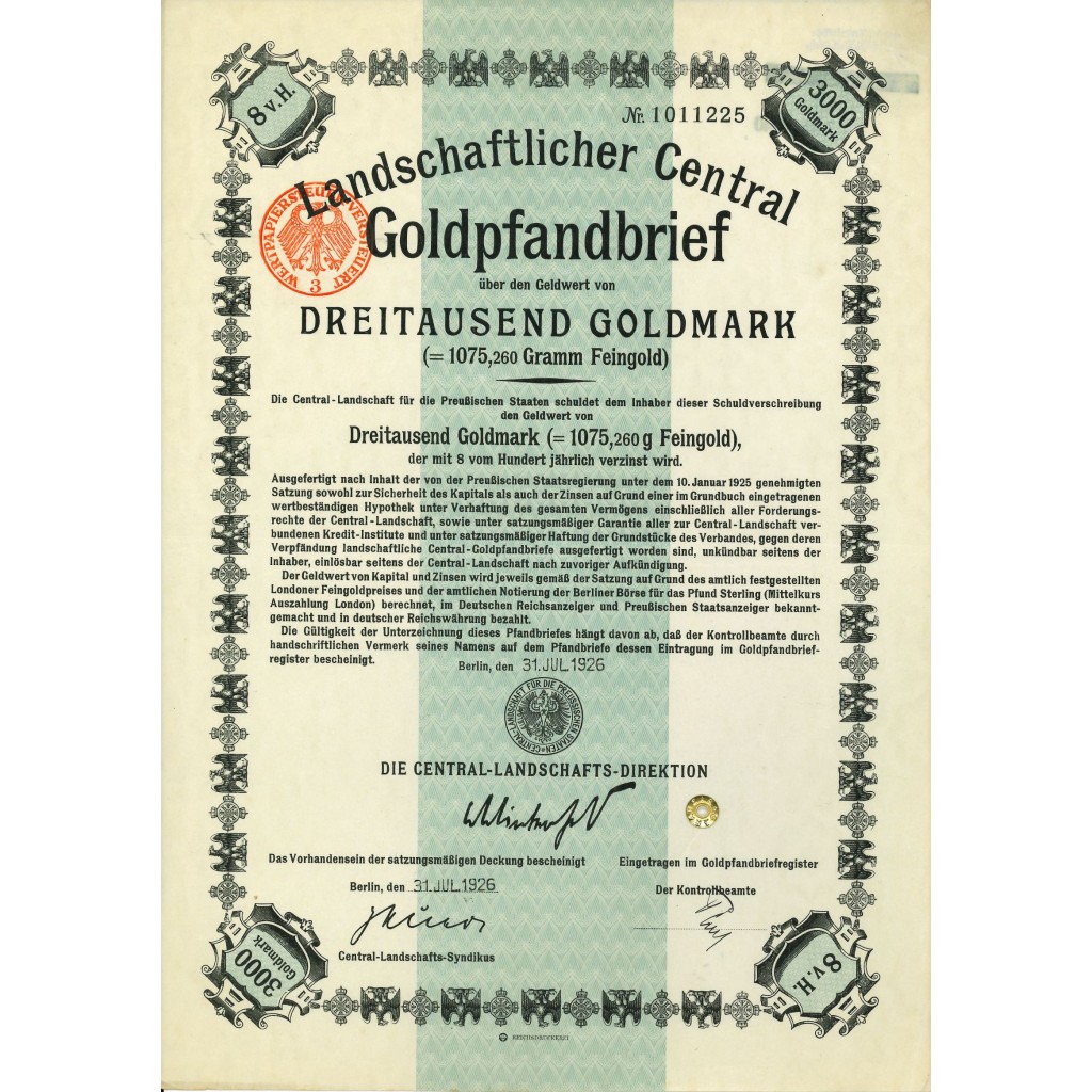 1926 - GERMAN GOLD BOND 3.000 GOLDMARK...