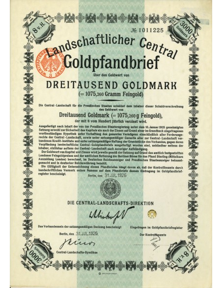 1926 - GERMAN GOLD BOND 3.000 GOLDMARK (1.075,26 Gramm Feingold)