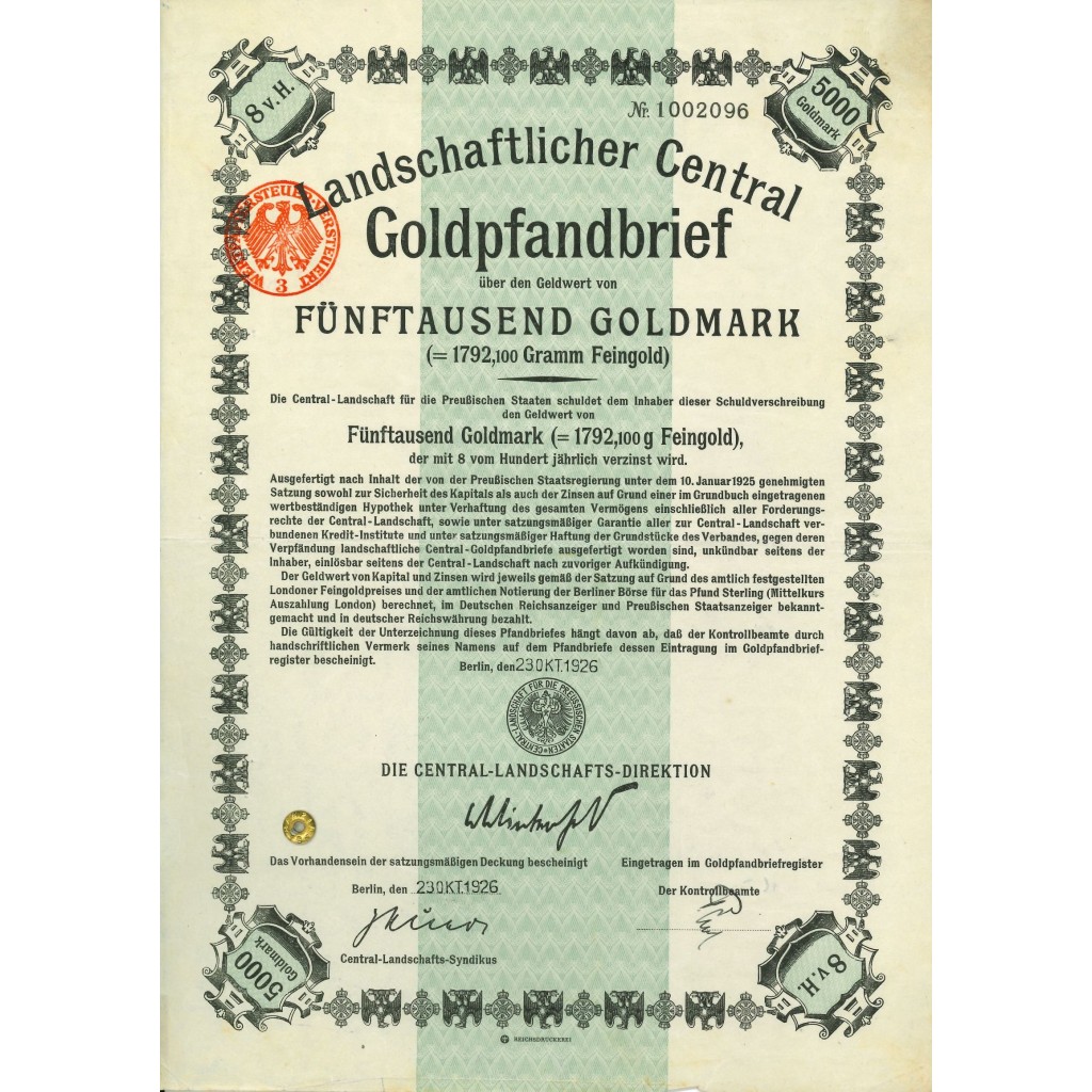 1926 - GERMAN GOLD BOND 5.000 GOLDMARK...