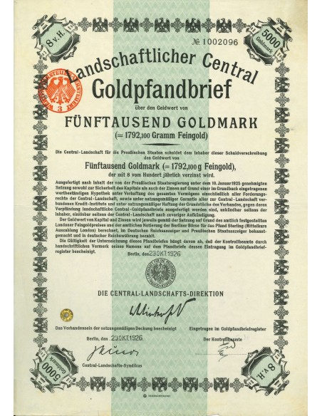 1926 - GERMAN GOLD BOND 5.000 GOLDMARK (1.792,100 Gramm Feingold)