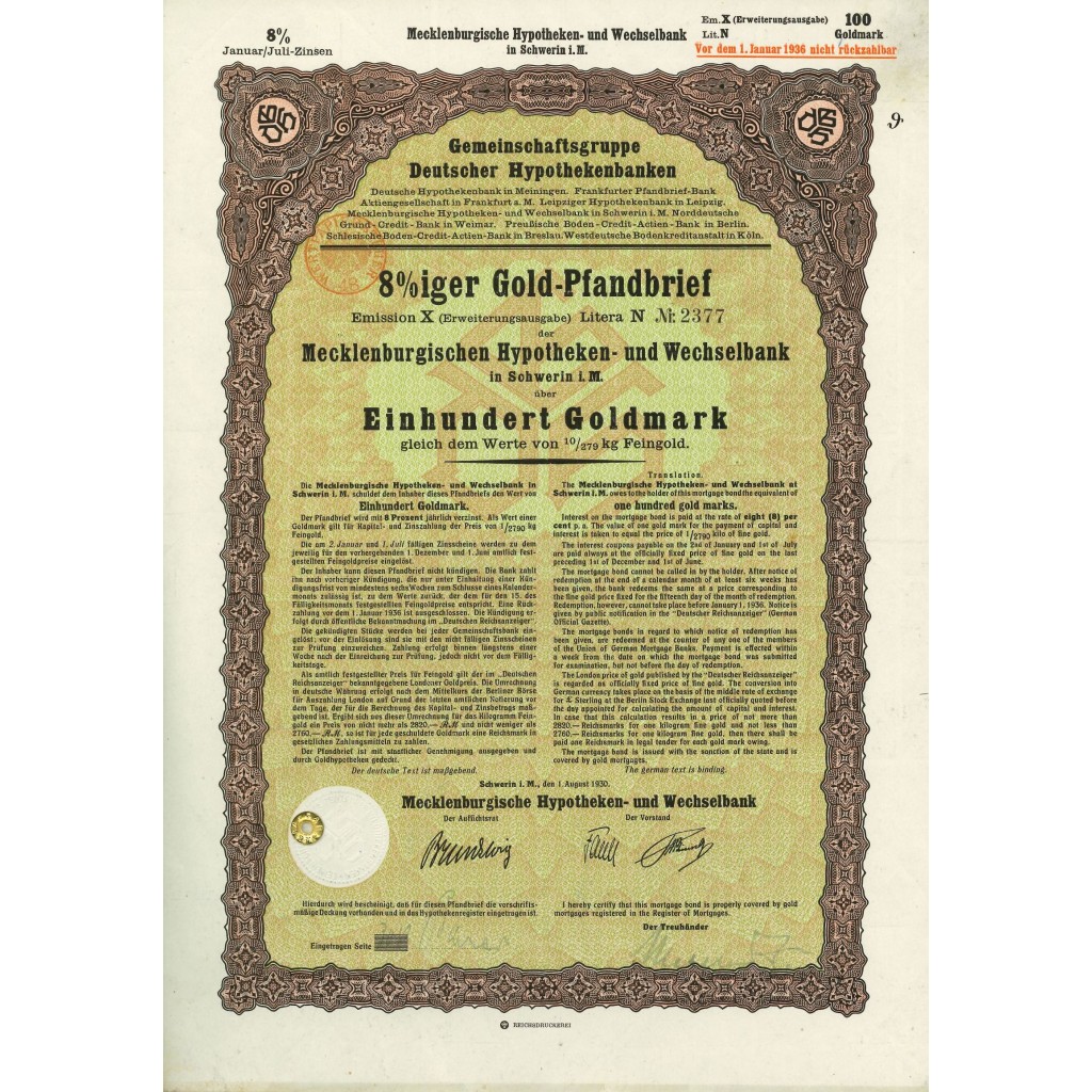 1930 - GERMAN GOLD BOND SCHWERIN 100 GOLDMARK...