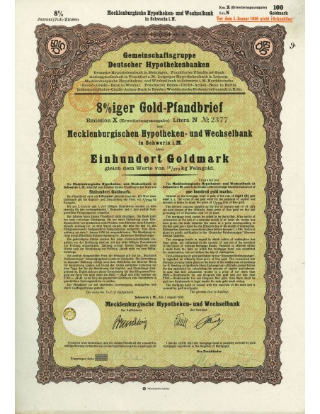 1930 - GERMAN GOLD BOND SCHWERIN 100 GOLDMARK (10/279 Kg. Feingold)