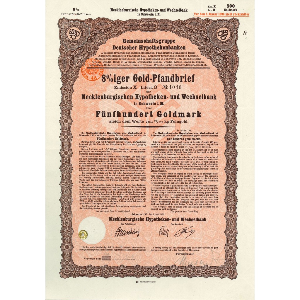 1930 - GERMAN GOLD BOND SCHWERIN 500 GOLDMARK...
