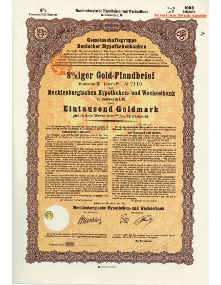 1930 - GERMAN GOLD BOND SCHWERIN 500 GOLDMARK (50/279 Kg. Feingold)