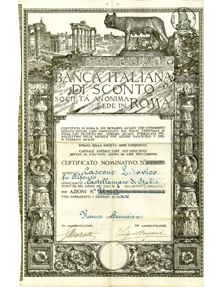 1921 - BANCA ITALIANA DI SCONTO (ver. rara LUPA) - 1 Azione - ROMA