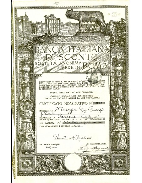 1920 - BANCA ITALIANA DI SCONTO (ver. rara LUPA) - 25 Azioni - ROMA