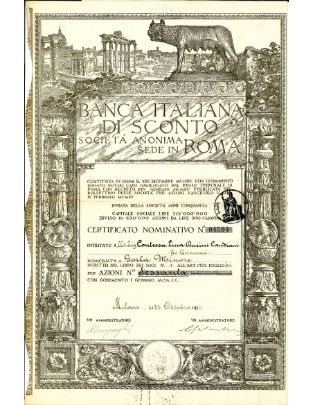 1920 - BANCA ITALIANA DI SCONTO (ver. rara LUPA) - 60 Azioni - ROMA