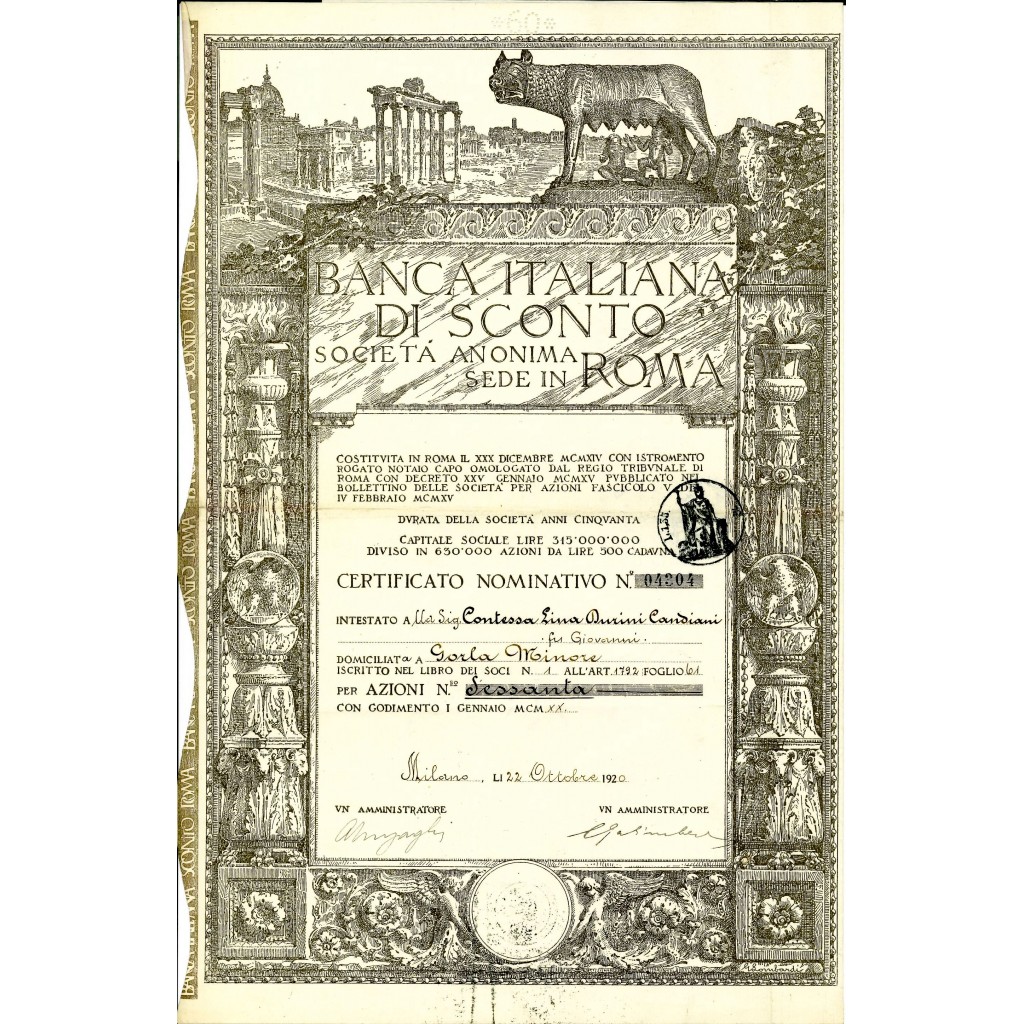 1920 BANCA ITALIANA DI SCONTO (ver. rara LUPA) 60 Azioni ROMA
