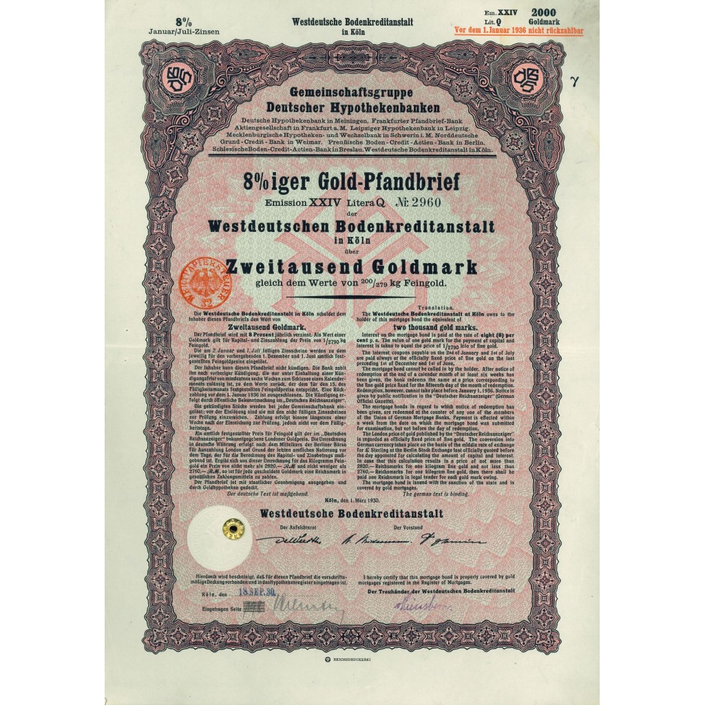 1930 - GERMAN GOLD BOND KOLN 2.000 GOLDMARK...