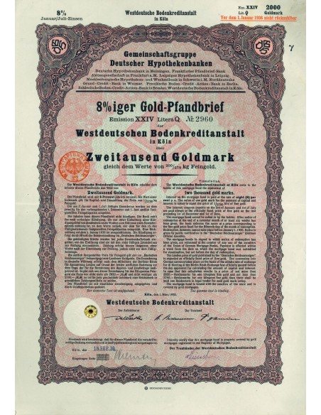 1930 - GERMAN GOLD BOND KOLN 2.000 GOLDMARK (200/279 Kg. Feingold)
