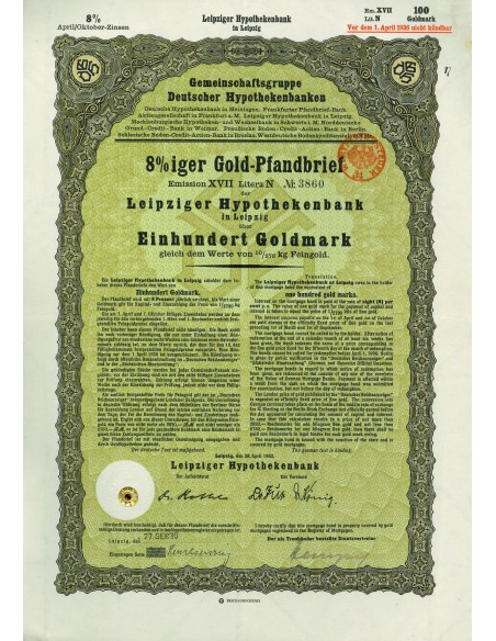 1930 - GERMAN GOLD BOND LEIPZIG 100 GOLDMARK (10/279 Kg. Feingold)