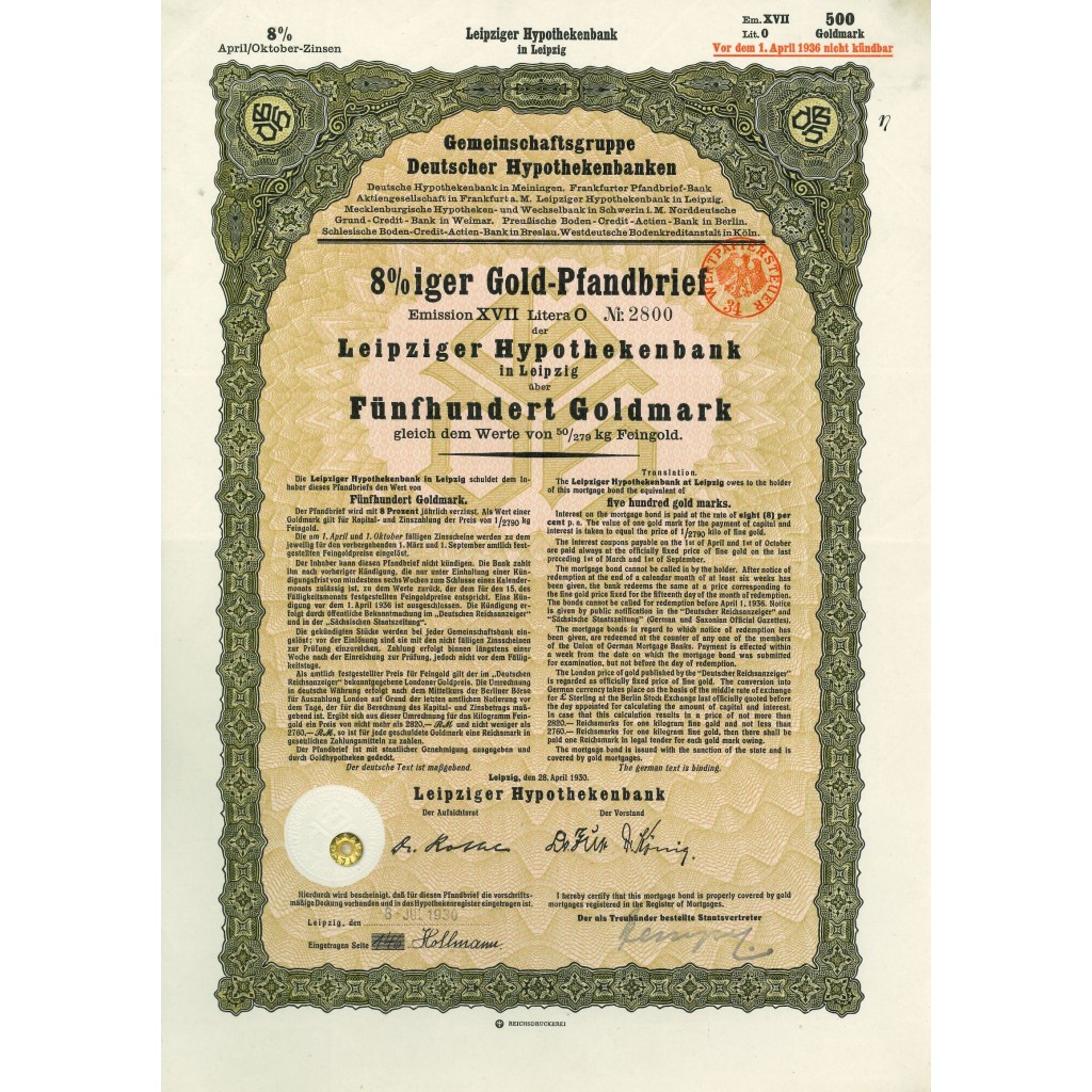1930 - GERMAN GOLD BOND LEIPZIG 500 GOLDMARK...