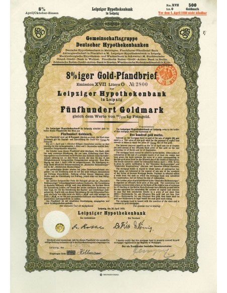 1930 - GERMAN GOLD BOND LEIPZIG 500 GOLDMARK (50/279 Kg. Feingold)