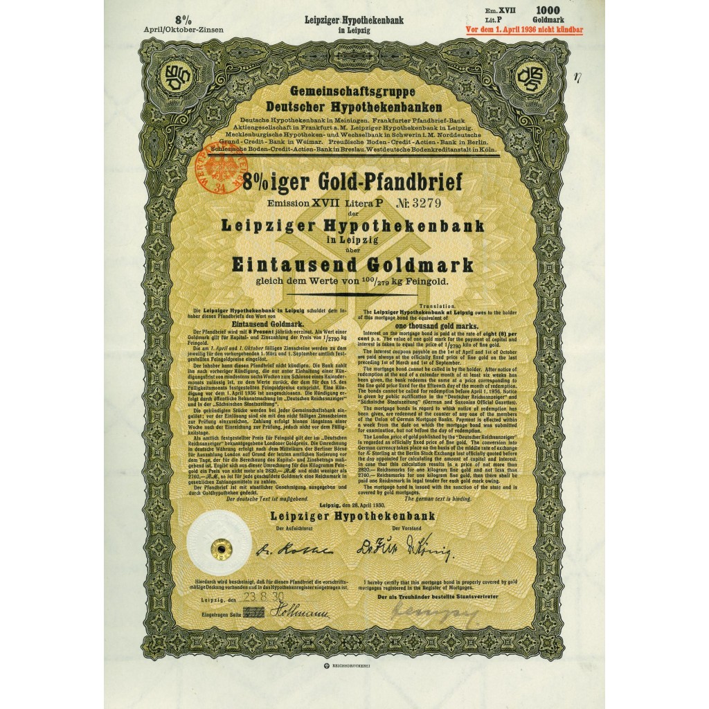 1930 - GERMAN GOLD BOND LEIPZIG 1.000 GOLDMARK...