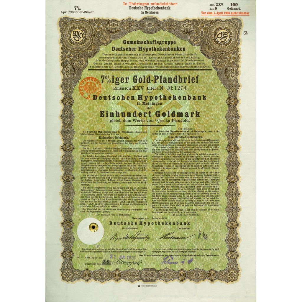 1930 - GERMAN GOLD BOND MEININGEN EM. XXV 100...