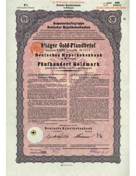 1930 - GERMAN GOLD BOND MEININGEN EM. XXIII 500 GOLDMARK (50/279 Kg. Feingold)