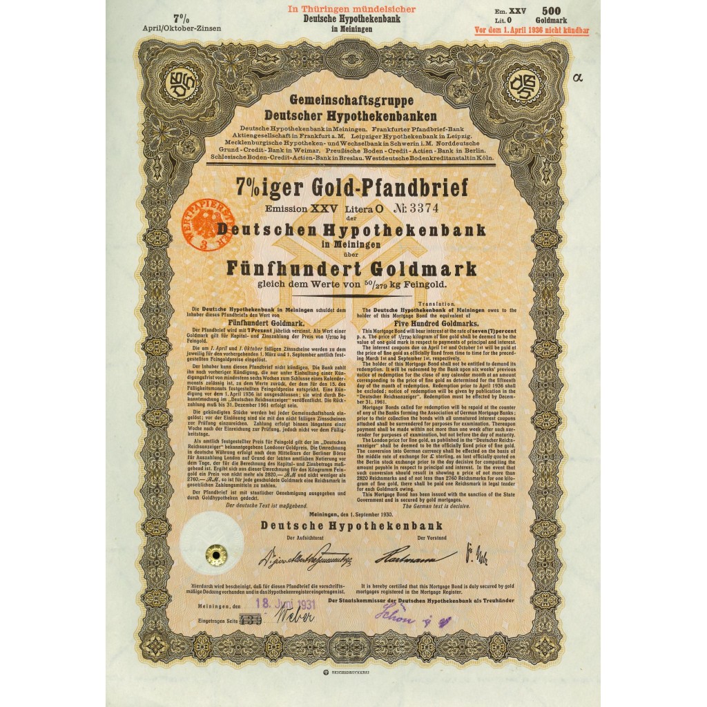 1930 - GERMAN GOLD BOND MEININGEN EM. XXV 500...
