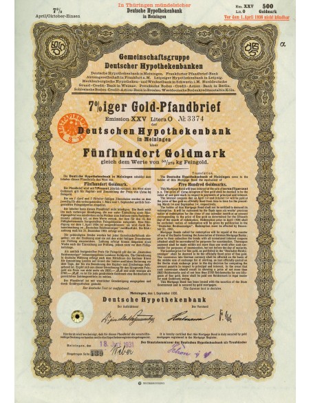 1930 - GERMAN GOLD BOND MEININGEN EM. XXV 500 GOLDMARK (50/279 Kg. Feingold)