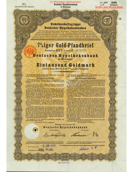 1930 - GERMAN GOLD BOND MEININGEN EM. XXV 1.000 GOLDMARK (100/279 Kg. Feingold)