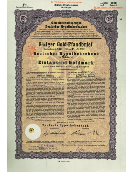 1930 - GERMAN GOLD BOND MEININGEN EM. XXIII 1.000 GOLDMARK (100/279 Kg. Feingold)