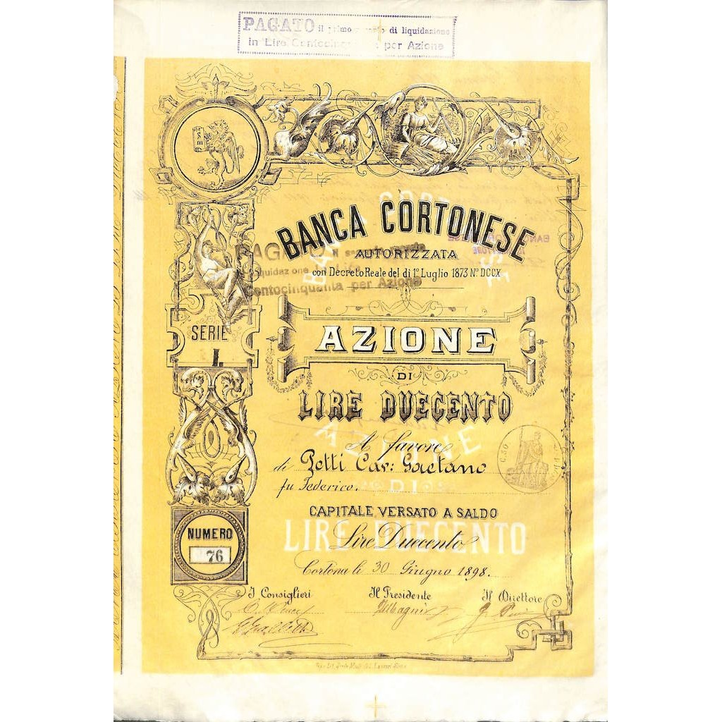 BANCA CORTONESE - UNA AZIONE SERIE I CORTONA 1898