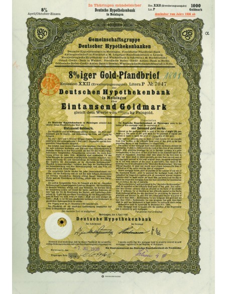 1930 - GERMAN GOLD BOND MEININGEN EM. XXII 1.000 GOLDMARK (100/279 Kg. Feingold)