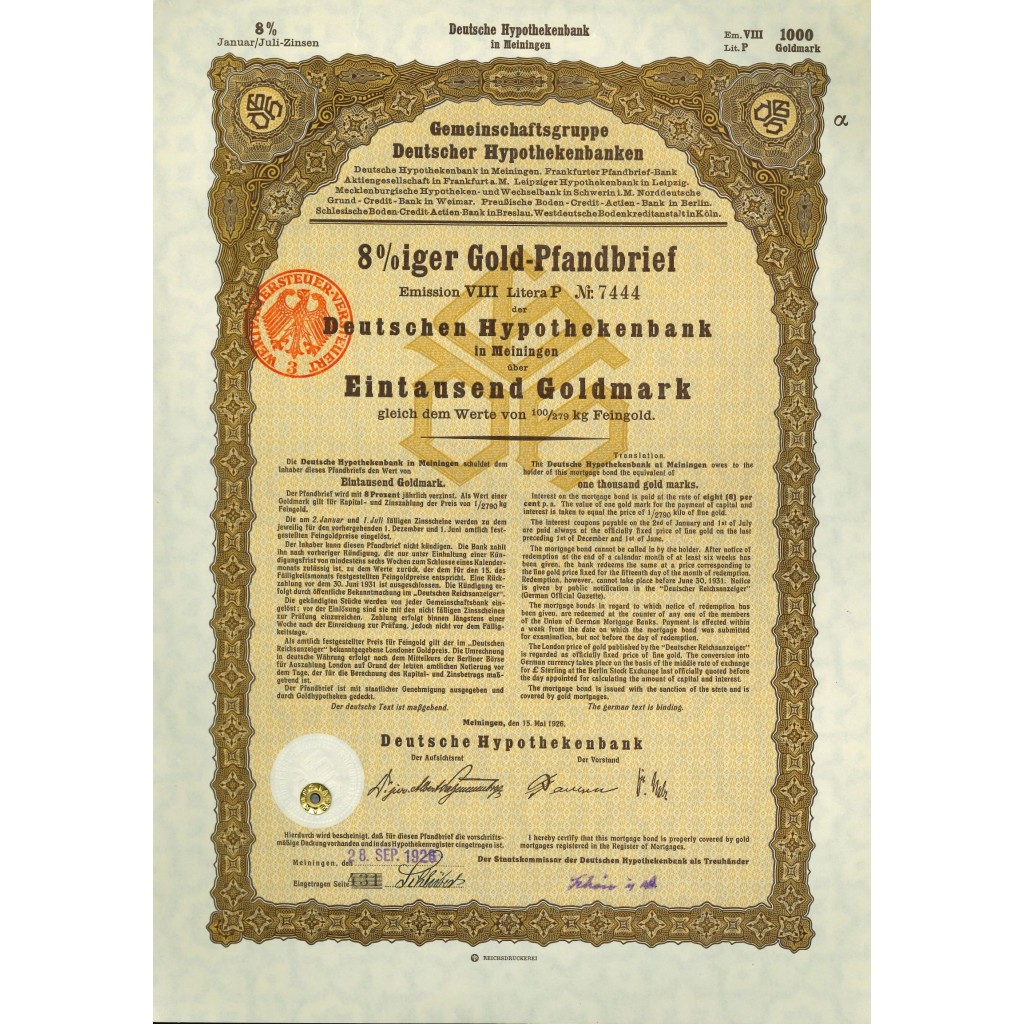 1930 - GERMAN GOLD BOND MEININGEN EM. VIII...