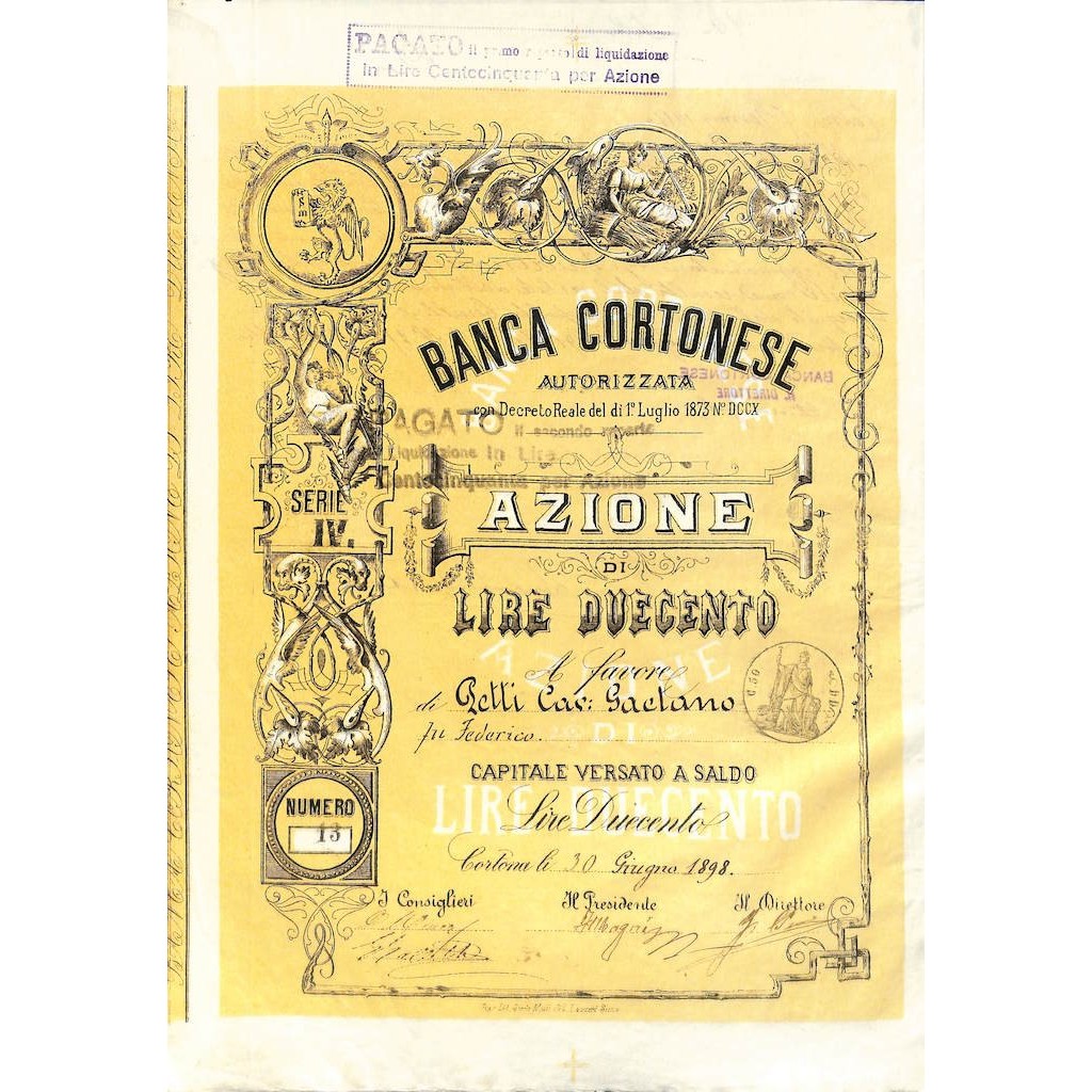 BANCA CORTONESE - UNA AZIONE SERIE IV CORTONA 1898