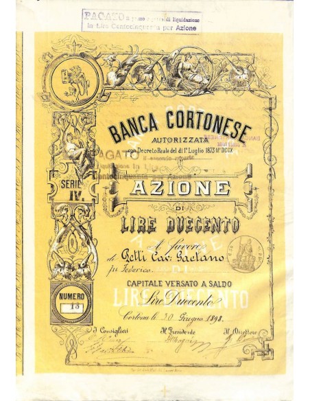 BANCA CORTONESE - UNA AZIONE SERIE IV CORTONA 1898