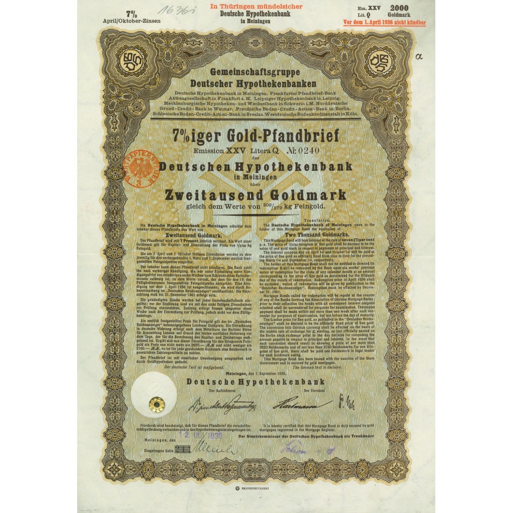 1930 - GERMAN GOLD BOND MEININGEN EM. XXV 2.000...