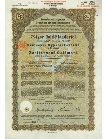 1930 - GERMAN GOLD BOND MEININGEN EM. XXV 2.000 GOLDMARK (100/279 Kg. Feingold)