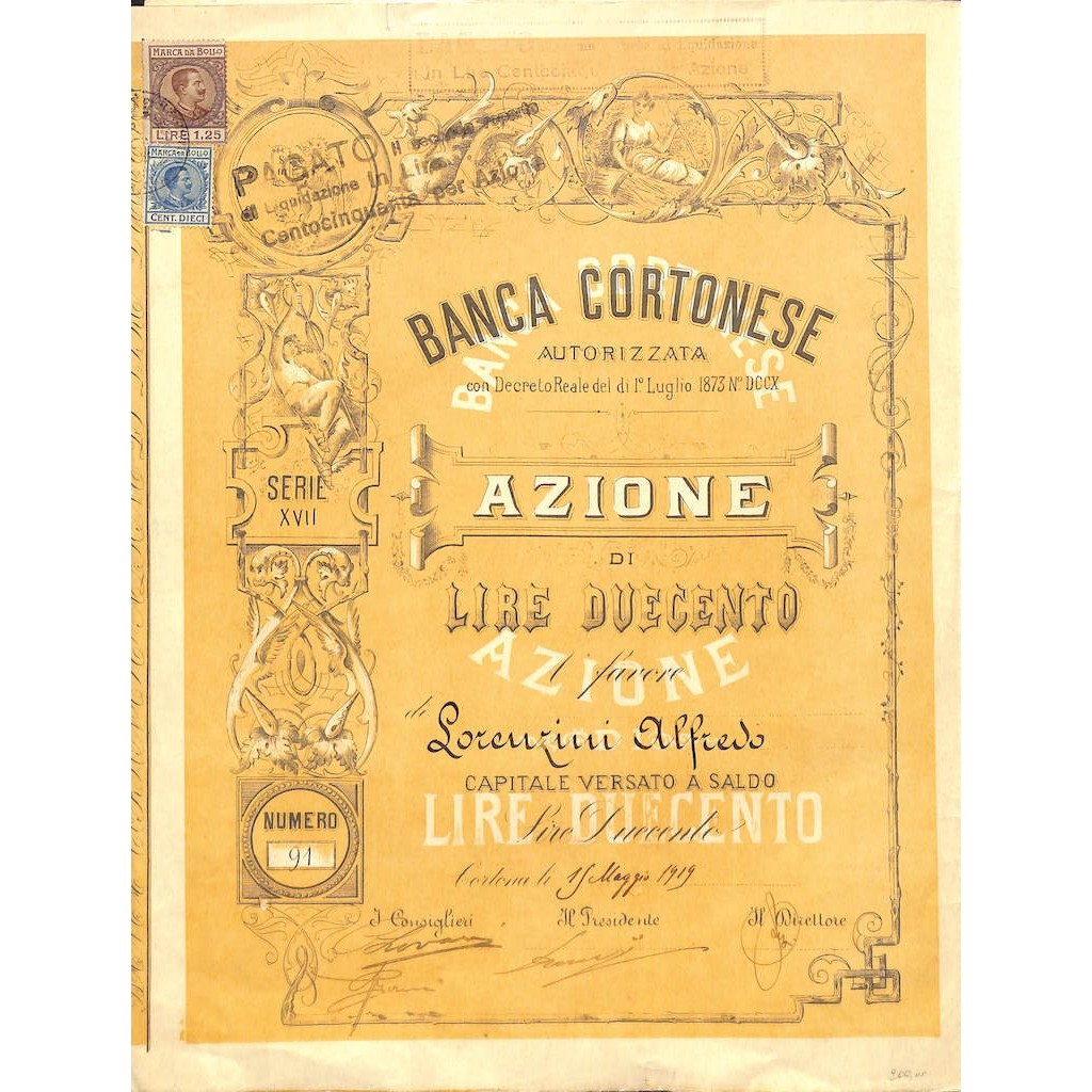 BANCA CORTONESE - UNA AZIONE SERIE XVII CORTONA 1919