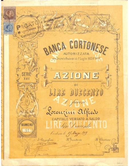 BANCA CORTONESE - UNA AZIONE SERIE XVII CORTONA 1919
